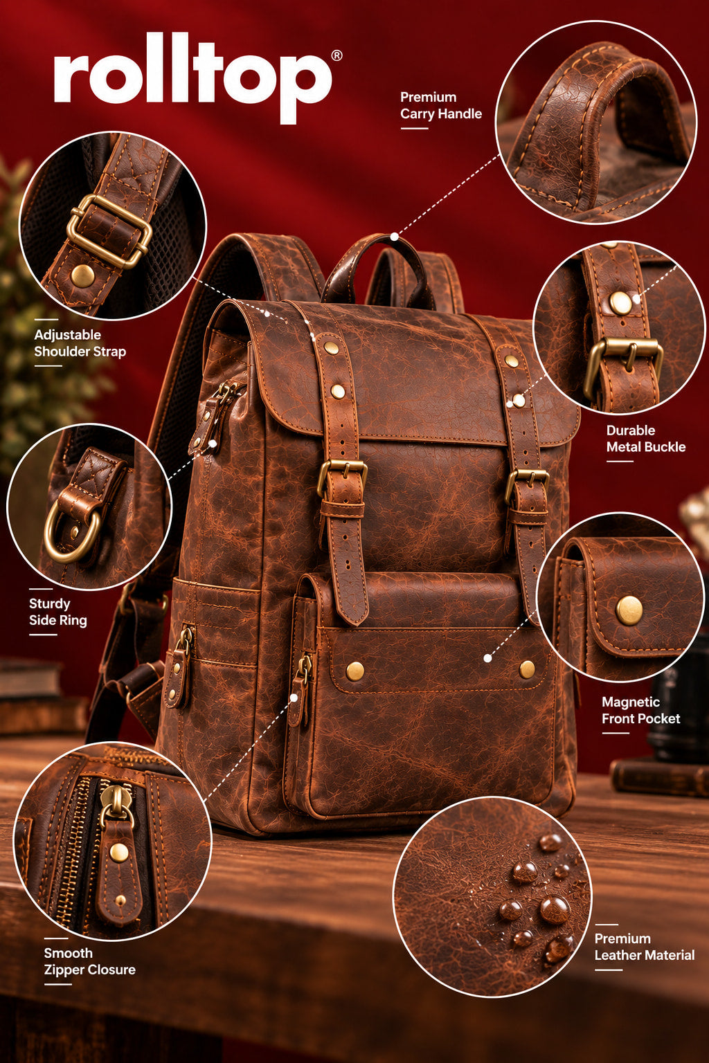 Heritage Flap Backpack in Antique Brown, handle, buckle, pocket and zip details