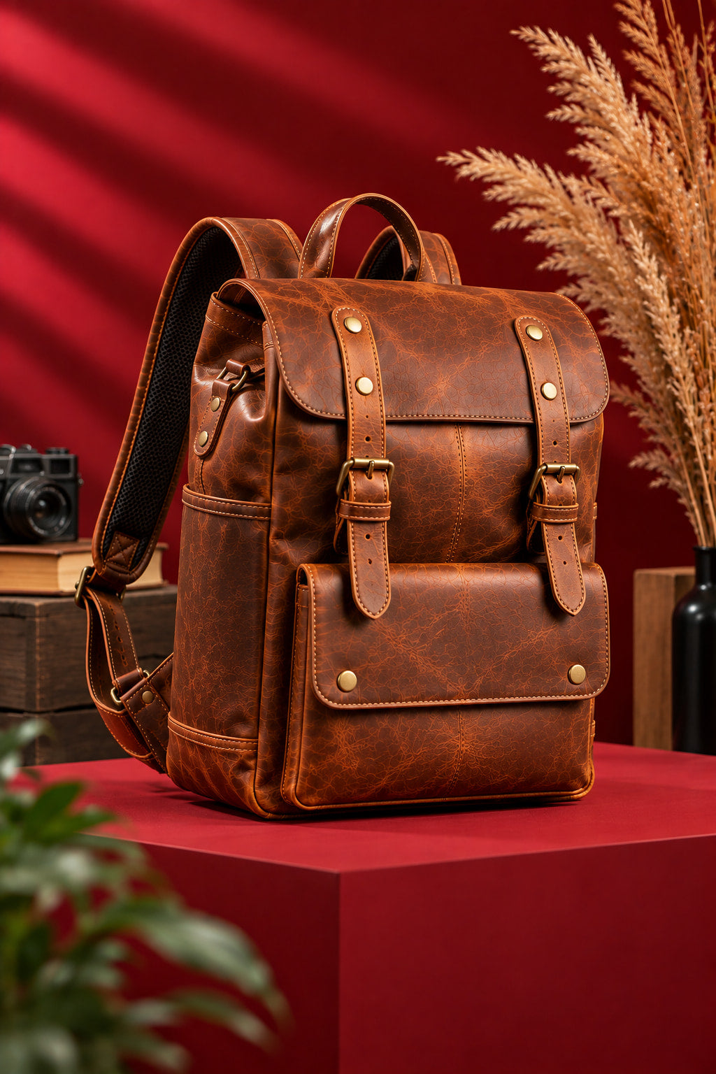 Heritage Flap Backpack in Cognac Brown, front