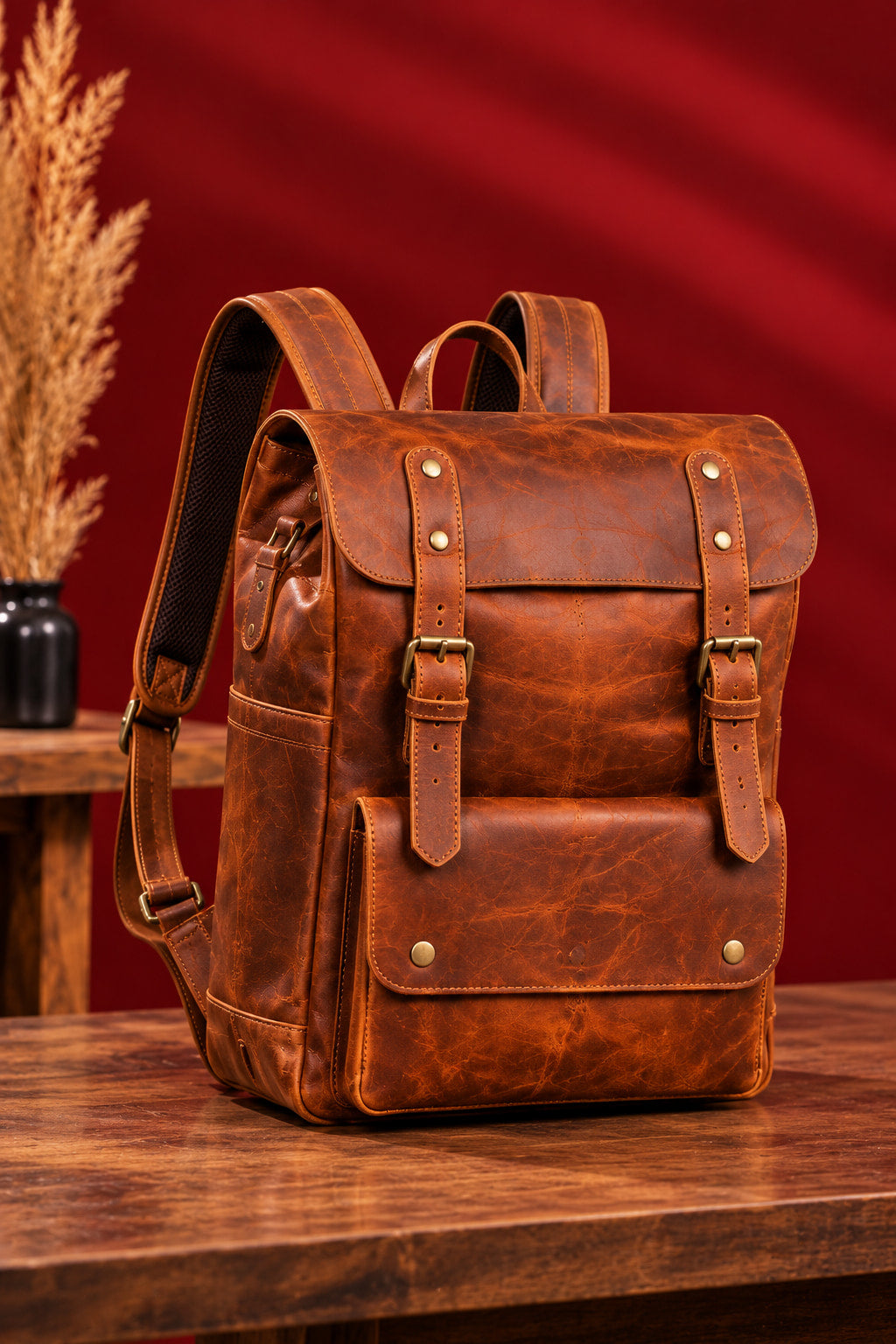 Heritage Flap Backpack in Cognac Brown, three-quarter view
