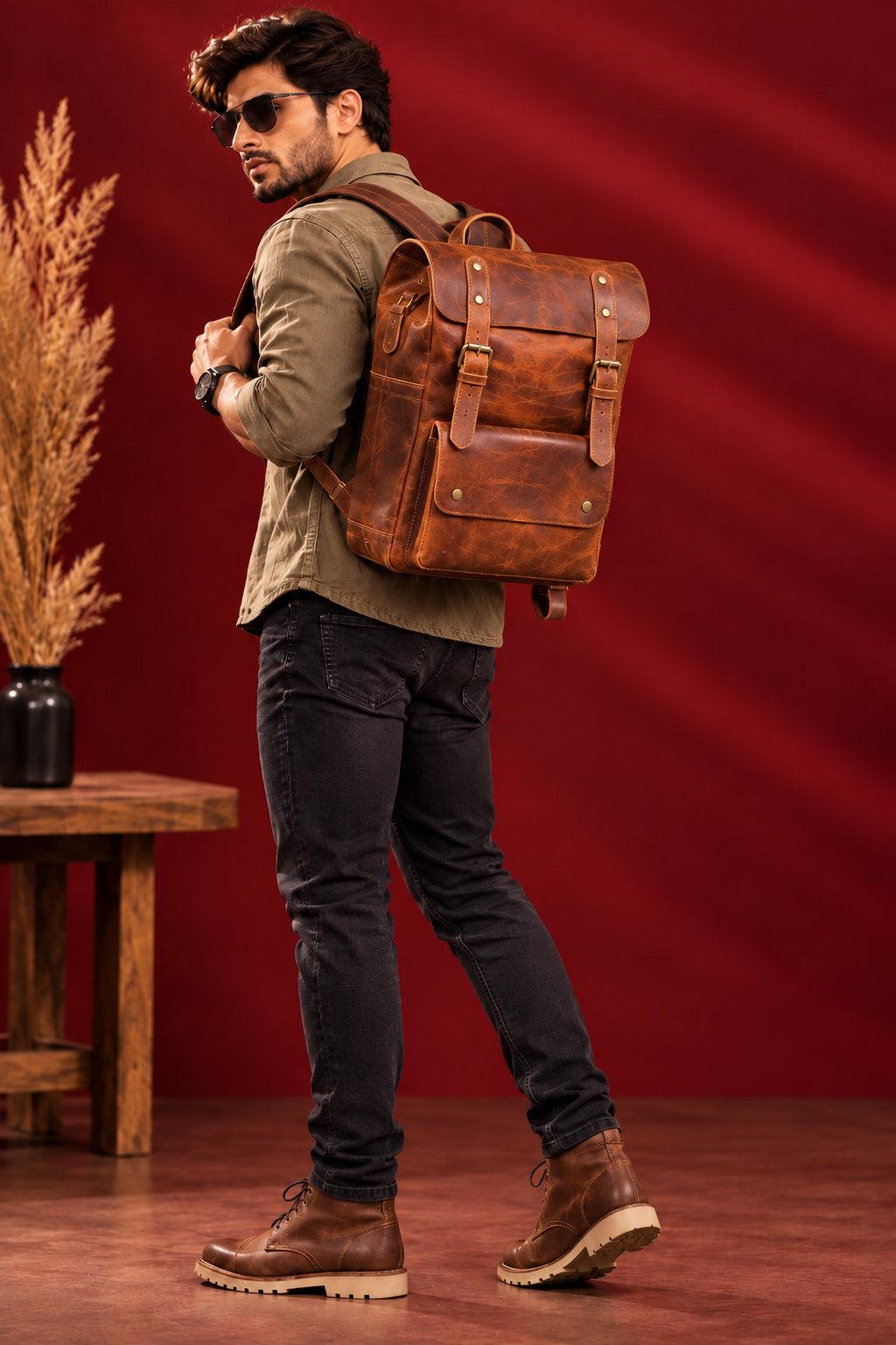 Heritage Flap Backpack in Cognac Brown, worn on the back