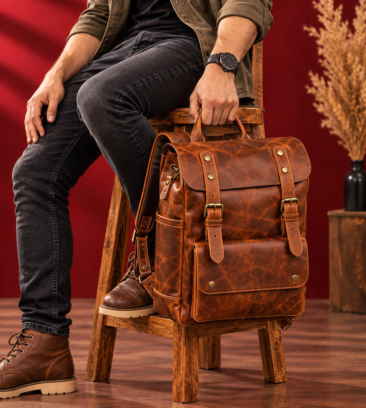 Heritage Flap Backpack in Cognac Brown, carried by the top handle