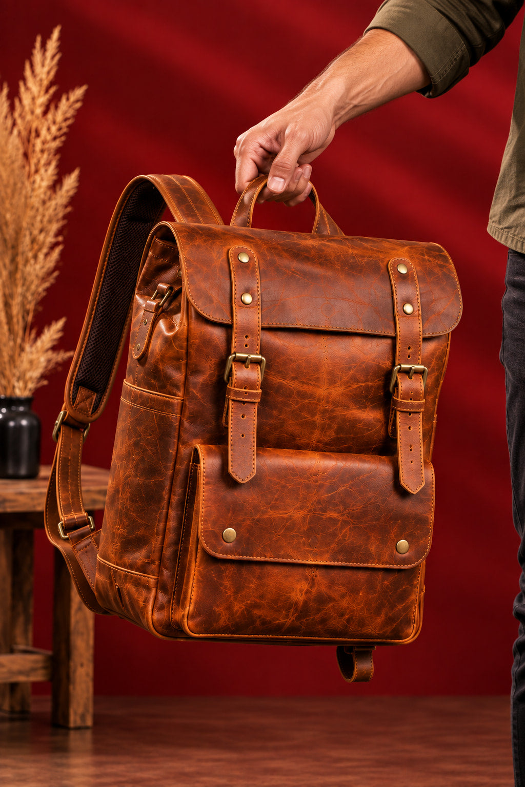 Heritage Flap Backpack in Cognac Brown, top handle
