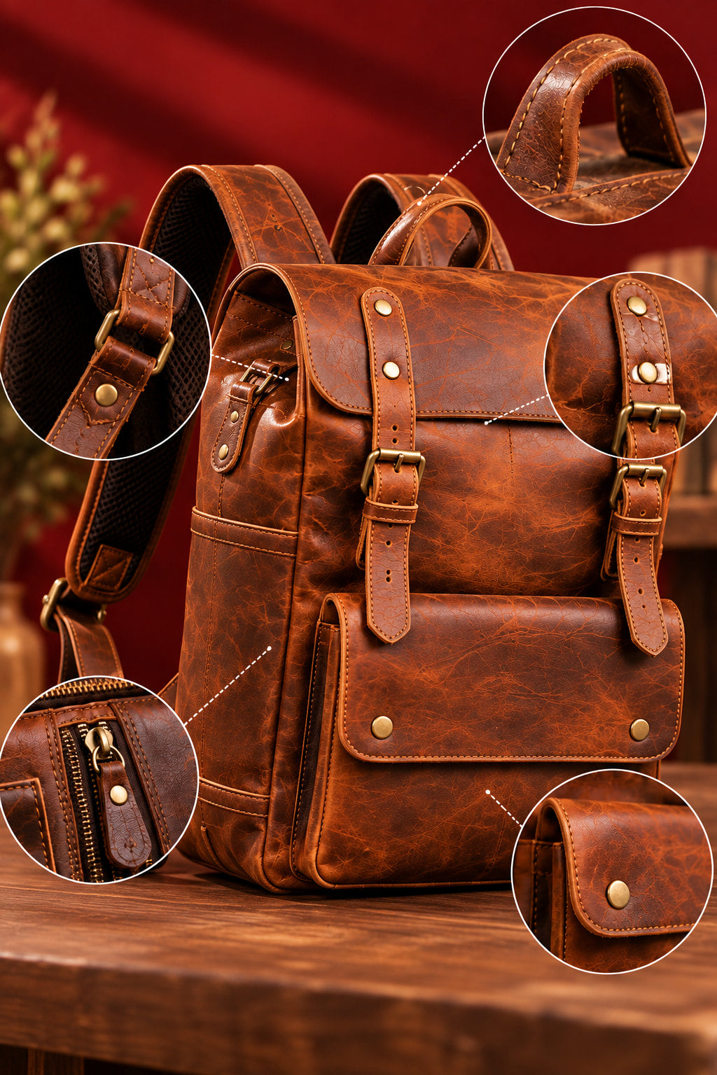 Heritage Flap Backpack in Cognac Brown, handle, buckle, zip and pocket details