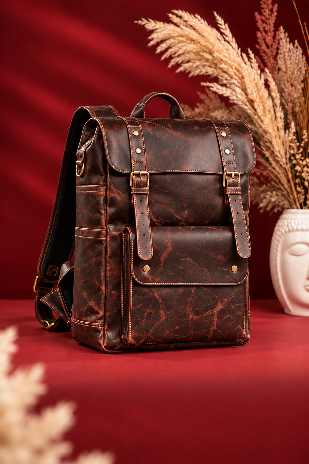 Heritage Flap Backpack in Dark Cognac, front
