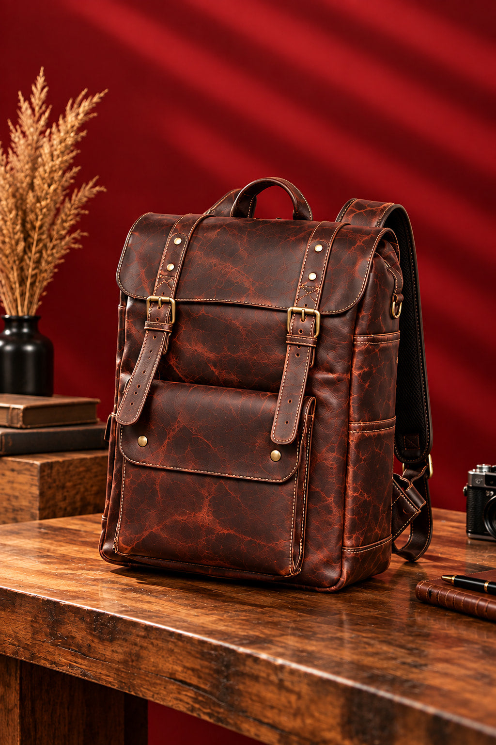 Heritage Flap Backpack in Dark Cognac, three-quarter view