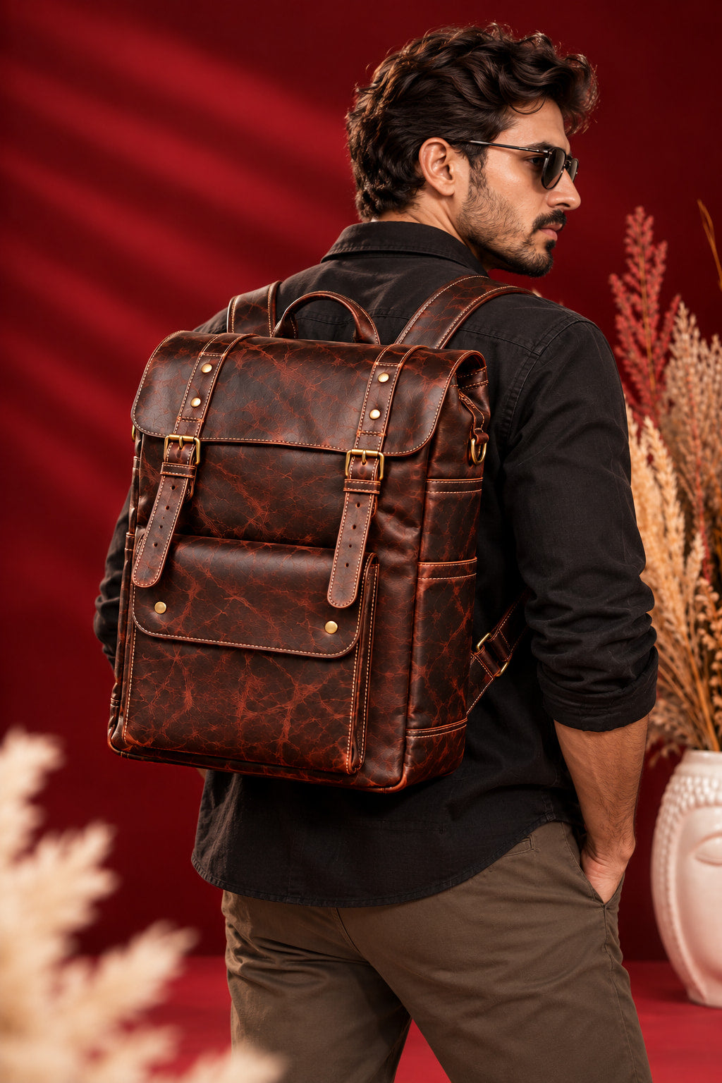 Heritage Flap Backpack in Dark Cognac, worn on the back