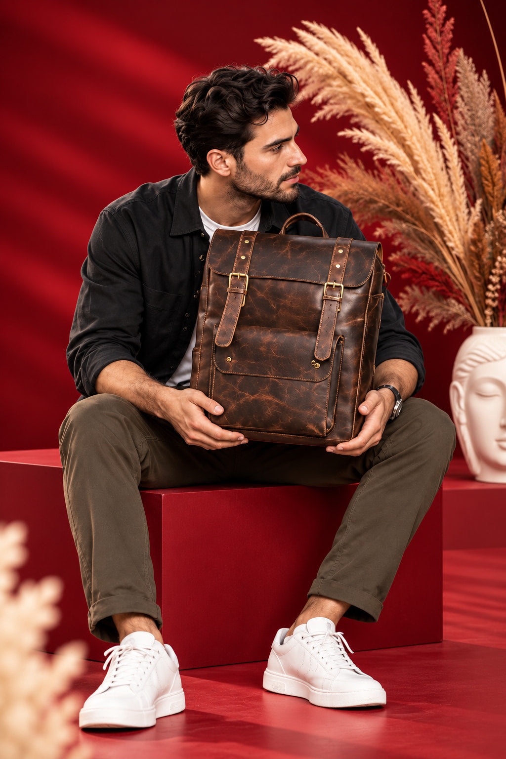Heritage Flap Backpack in Dark Cognac, in hand