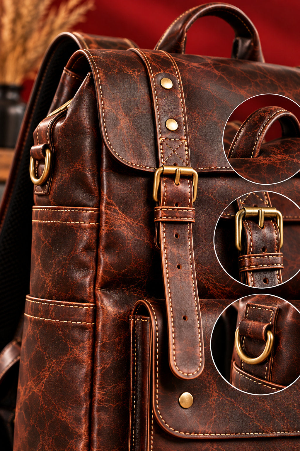 Heritage Flap Backpack in Dark Cognac, buckle, D-ring and stitching close-up