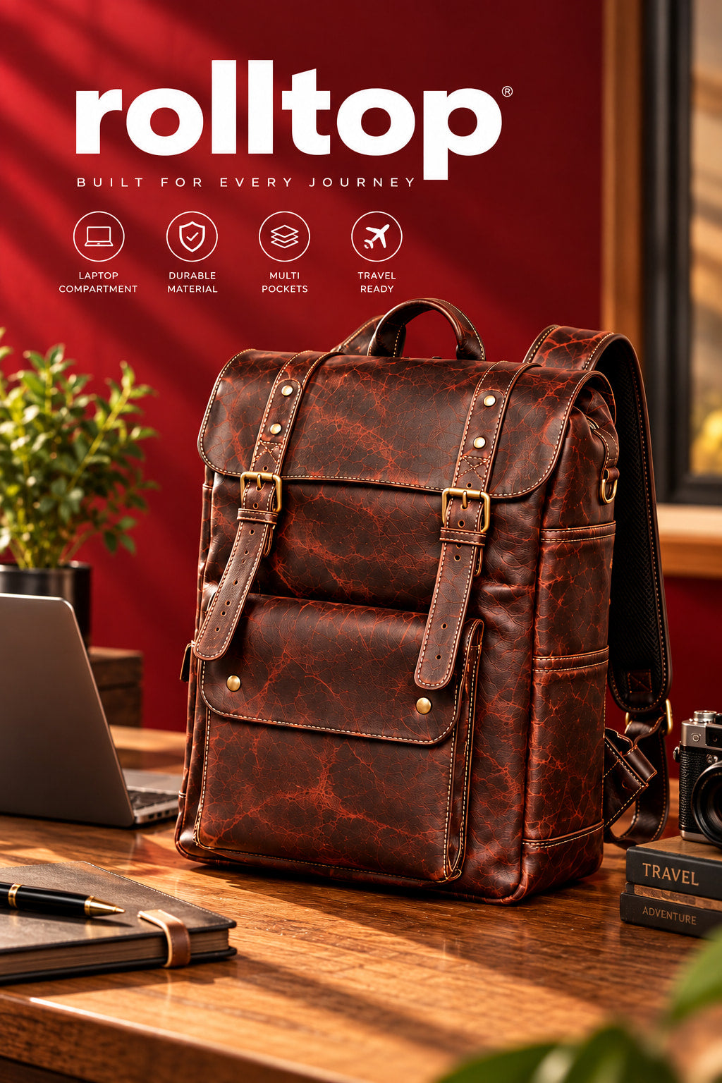 Heritage Flap Backpack in Dark Cognac, features