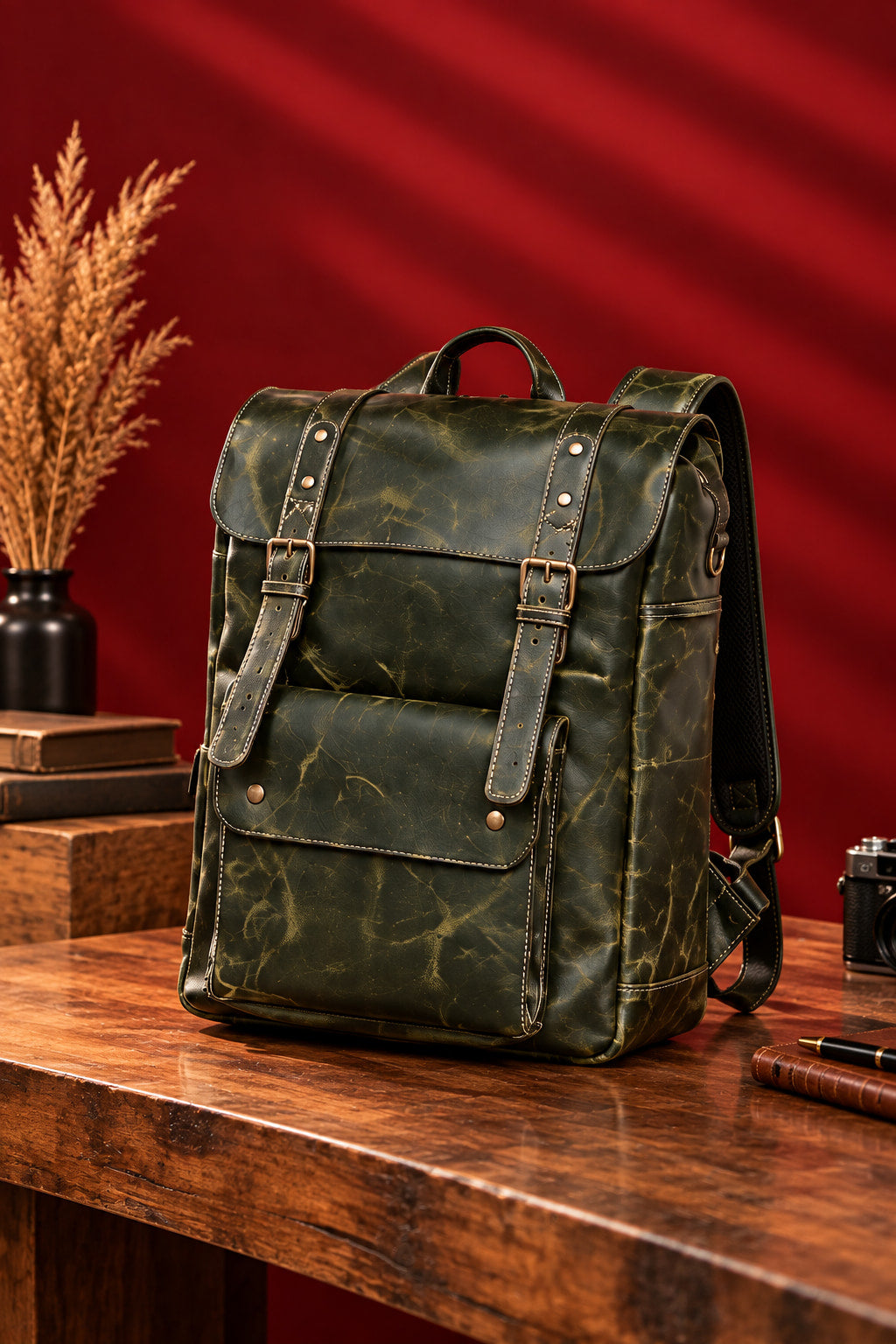 Heritage Flap Backpack in Olive Green, three-quarter view