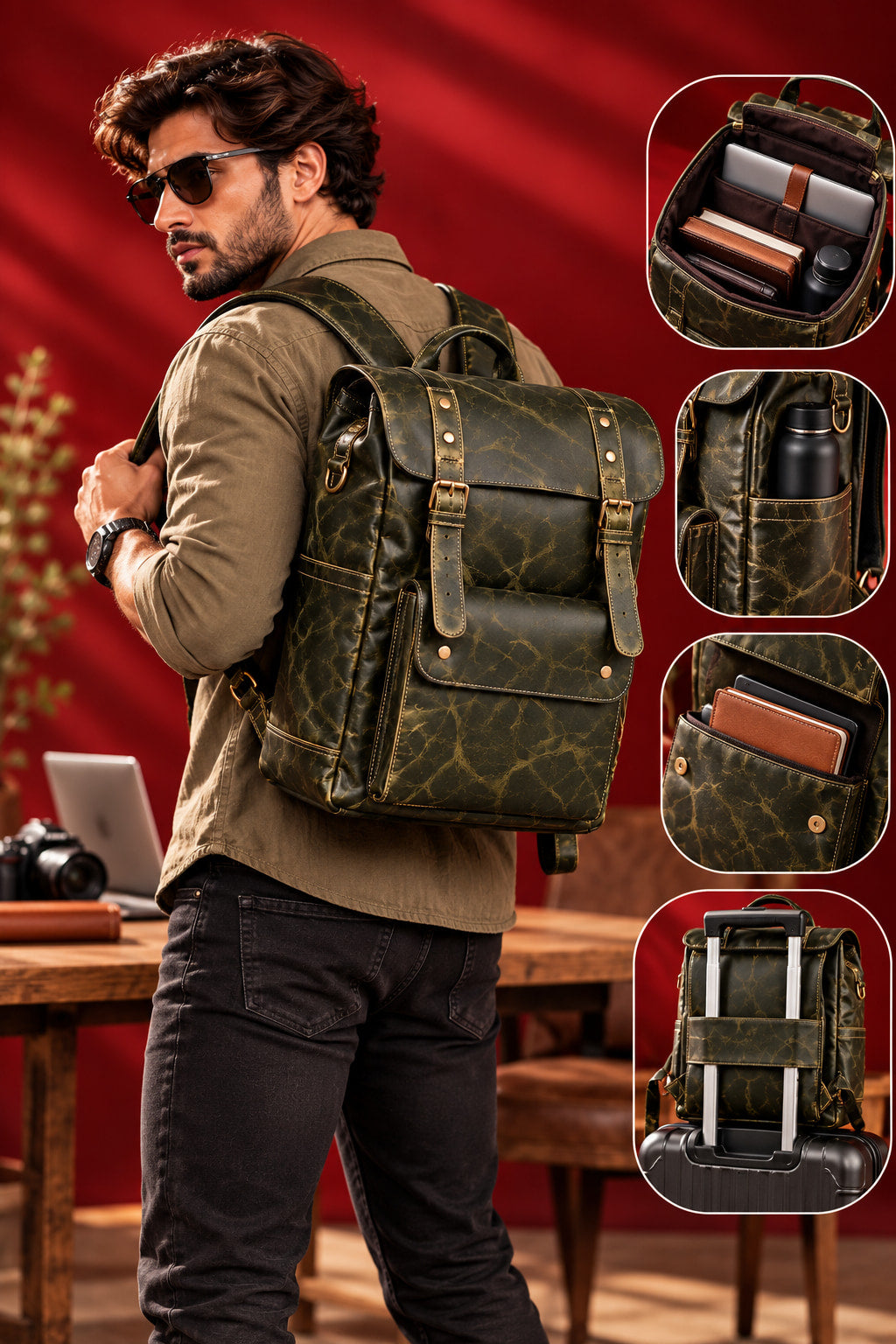 Heritage Flap Backpack in Olive Green, worn on the back, with interior and trolley sleeve