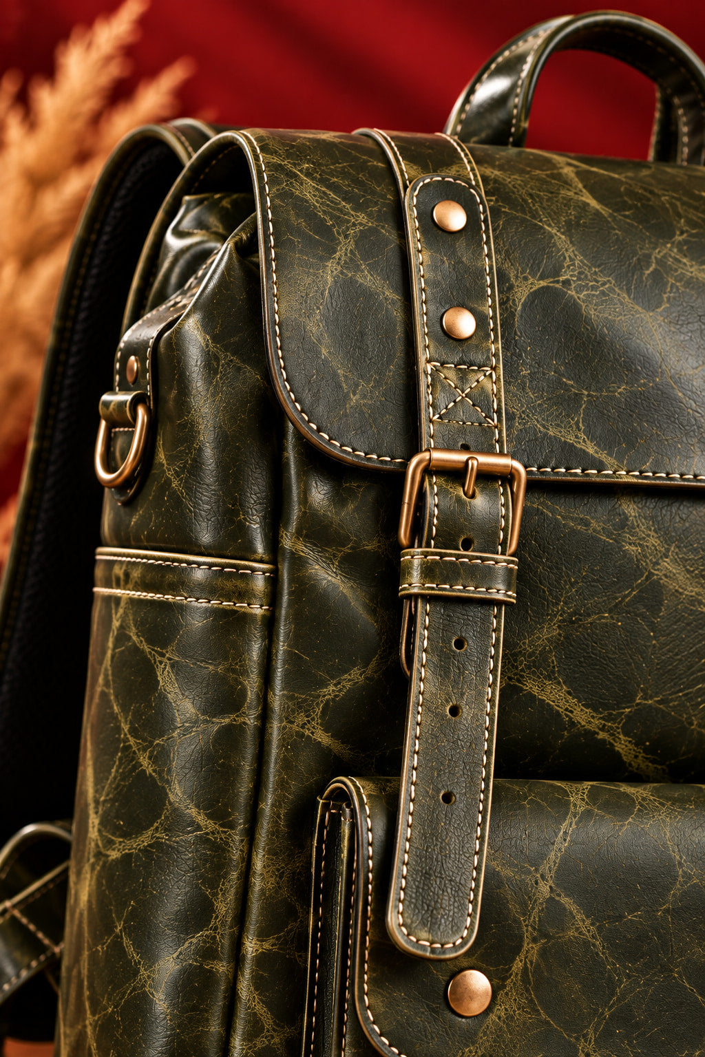 Heritage Flap Backpack in Olive Green, buckle and stitching close-up