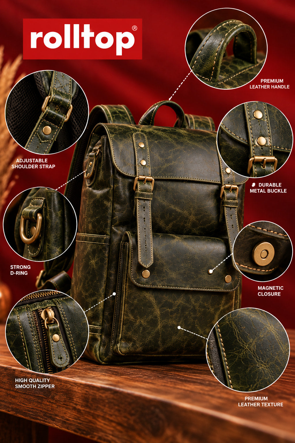 Heritage Flap Backpack in Olive Green, handle, buckle, D-ring and zip details